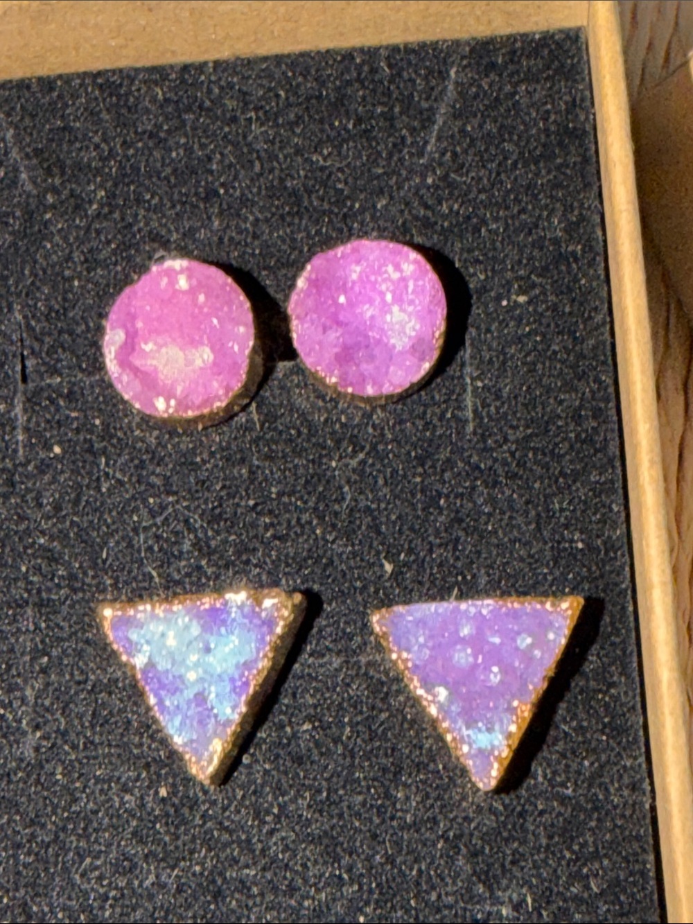 Purple Druzy Stud Earring two pairs round and triangle high gold plated pierced